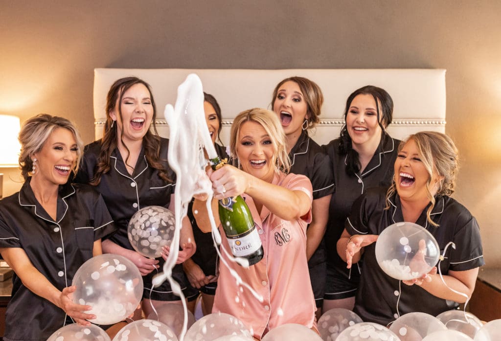 champagne and bridesmaids bridal party