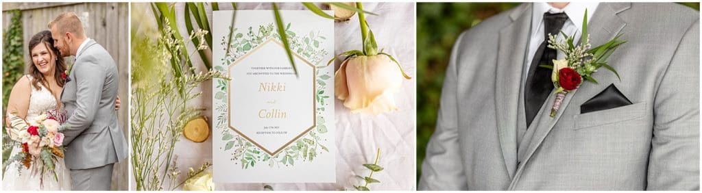 wedding photography collage, bride and groom, bright boho bouquet, invitation suite, wedding details, groom tux, boutonniere,
Boulder Creek Photography, Deliciously Ordinary, The Garden Grove, Southern Illinois, Carbondale Illinois