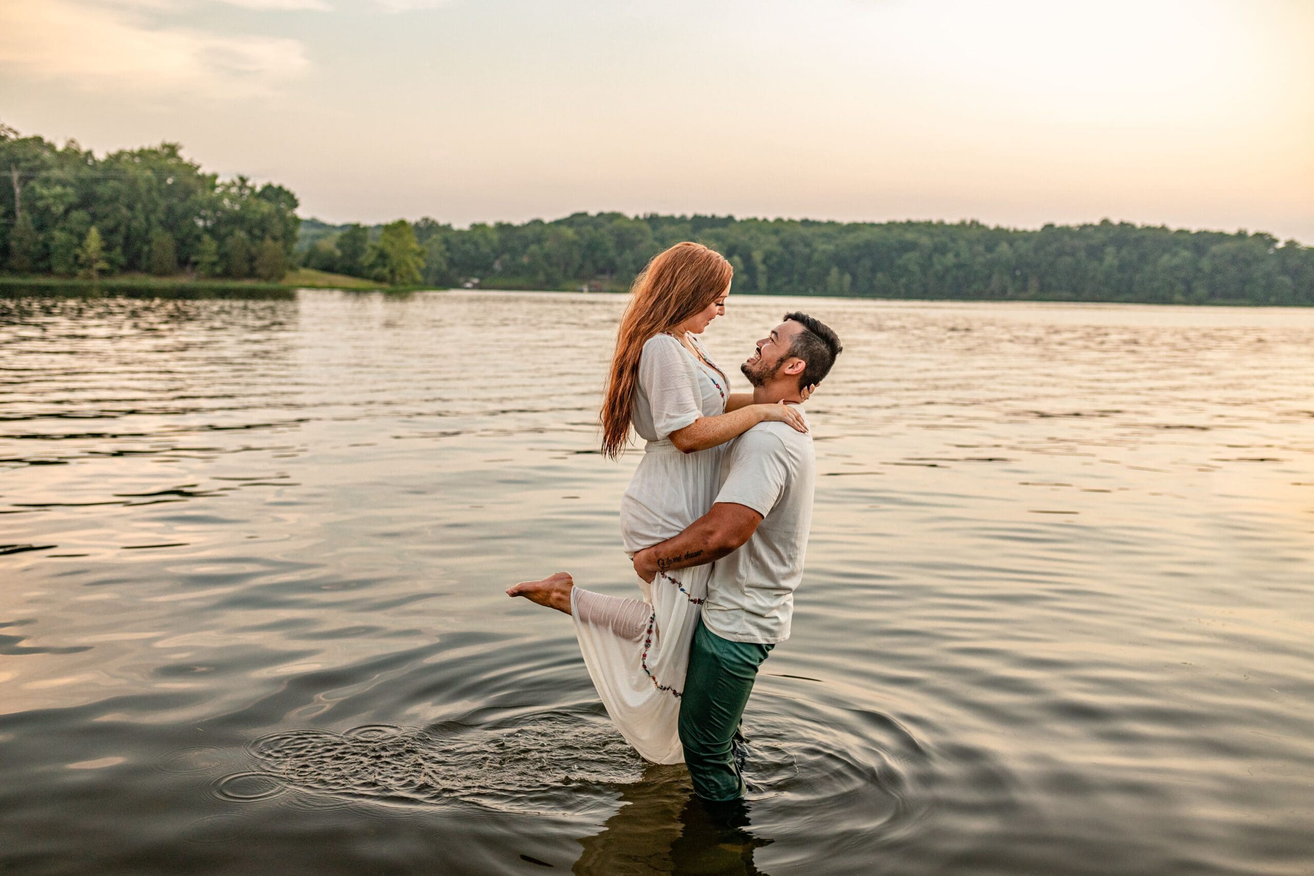 hot lakeside engagement session, romantic lake session, sunset lake, couple in water, Boulder Creek Photography