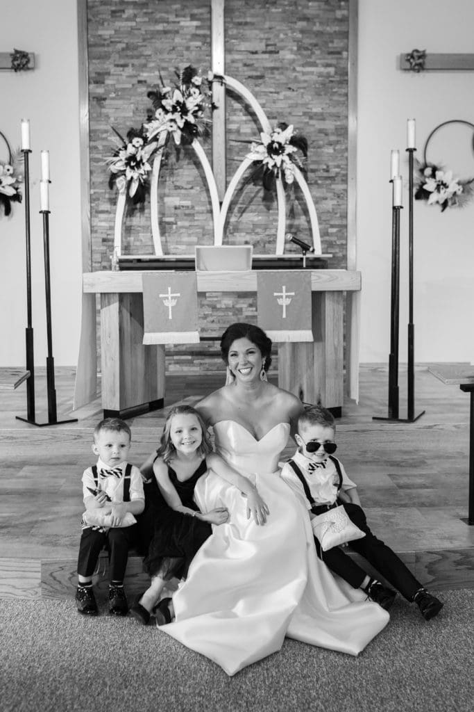 black and white bride with family, Lutheran church wedding