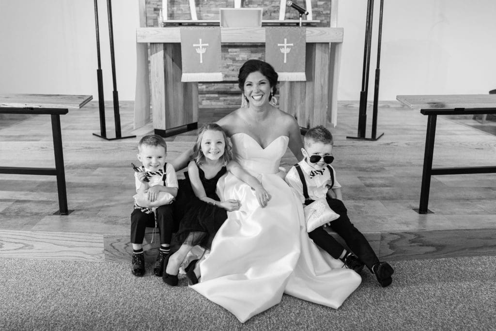 black and white bride with family, Lutheran church wedding