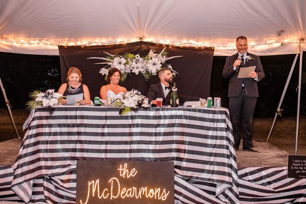 bridal party table, head wedding table, black and white bridal party table, best man speech