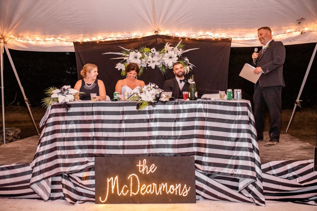 bridal party table, head wedding table, black and white bridal party table, best man speech