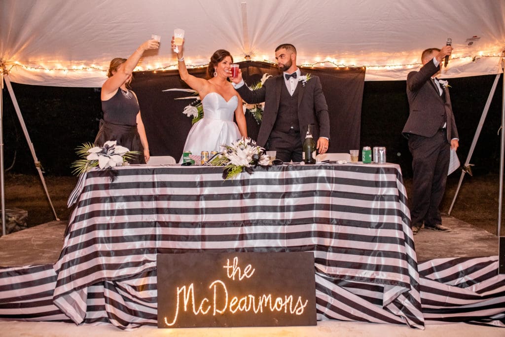 bridal party table, head wedding table, black and white bridal party table, best man speech, bridal party toast