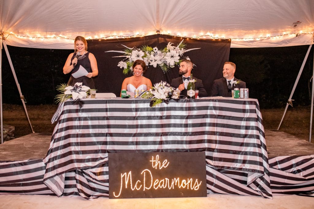 bridal party table, head wedding table, black and white bridal party table, maid of honor speech