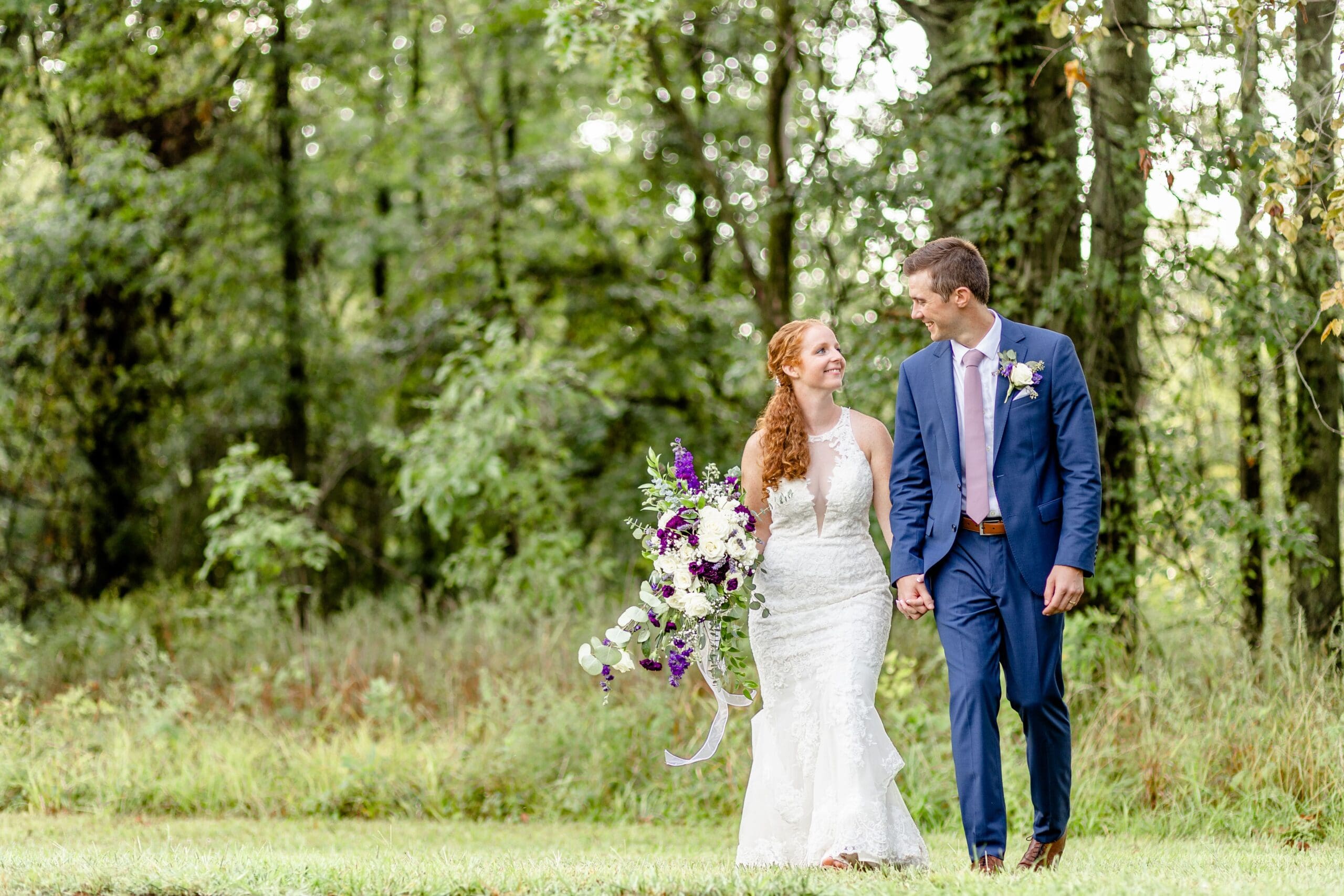 wedding photography, summer romance wedding, purple wedding accents, southern illinois wedding photography, walking bride and groom